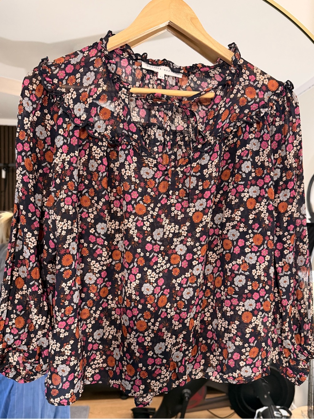 MELISSA NEPTON Black Floral Ruffle Tie-Neck Blouse with Pink & Orange Flowers